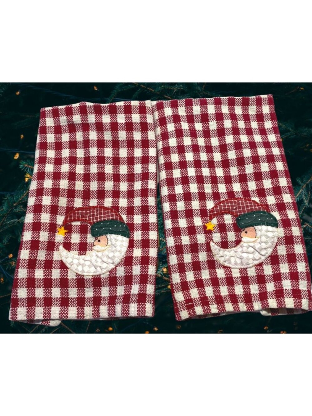 Santa Holiday Checkered Dish Towels Set Red White Moon Face Applique Festive - Picture 8 of 8